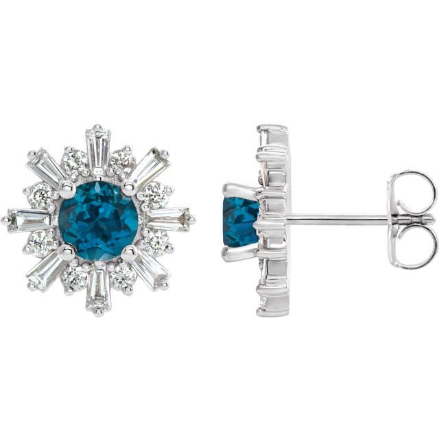 London Blue Topaz & Diamond Round Halo Stud Earrings in Gold and Platinum