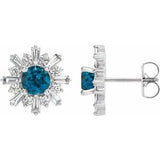 London Blue Topaz & Diamond Round Halo Stud Earrings in Gold and Platinum