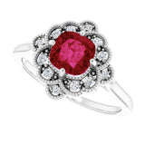 Cushion Lab-Grown Ruby & Diamond Halo Ring in Gold and Platinum