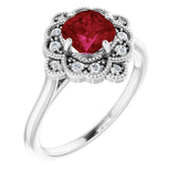 Cushion Lab-Grown Ruby & Diamond Halo Ring in Gold and Platinum