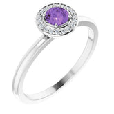 Round Amethyst Halo Ring with Diamond Accents in Gold and Platinum