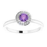 Round Amethyst Halo Ring with Diamond Accents in Gold and Platinum