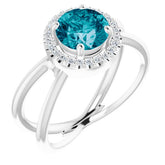 Round London Blue Topaz & Diamond Halo Ring in Gold and Platinum