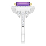 Emerald Amethyst & Diamond Halo Ring in White/Yellow Gold