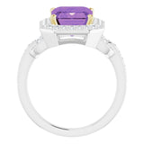 Emerald Amethyst & Diamond Halo Ring in White/Yellow Gold