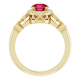 Round Lab-Grown Ruby & Diamond Halo Ring in Gold and Platinum