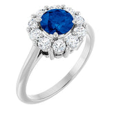Round Blue Sapphire & Diamond Halo Ring in Gold and Platinum