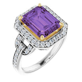 Emerald Amethyst & Diamond Halo Ring in White/Yellow Gold