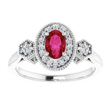 Oval Lab-Grown Ruby & Diamond Halo Ring in Gold and Platinum