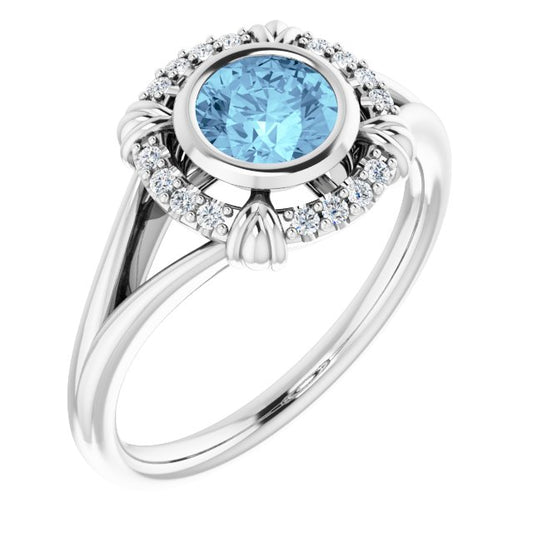 Round Aquamarine & Diamond Halo Ring in Gold and Platinum