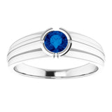 Round Lab-Grown Blue Sapphire Mens Ring in Gold and Platinum