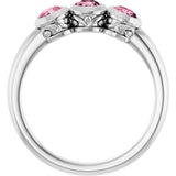Round Pink Tourmaline Three Stone Ring in White Gold