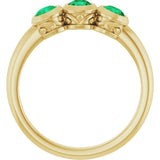 Round Lab-Grown Emerald Three Stone Ring in Yellow Gold