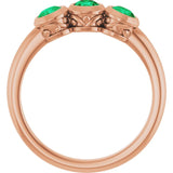 Round Lab-Grown Emerald Three Stone Ring in Rose Gold
