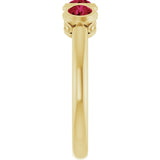 Round Lab-Grown Ruby Three Stone Ring in Yellow Gold