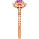 Round Amethyst Halo Ring with Diamond Accents in Gold and Platinum