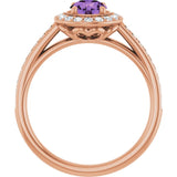 Round Amethyst Halo Ring with Diamond Accents in Gold and Platinum