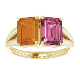Emerald Pink Tourmaline Two Stone Ring in Yellow Gold