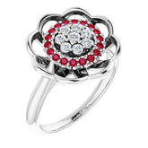 Round Ruby Halo Ring with Diamond Accents in Gold and Platinum