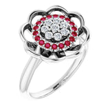 Round Ruby Halo Ring with Diamond Accents in Gold and Platinum