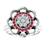 Round Ruby Halo Ring with Diamond Accents in Gold and Platinum