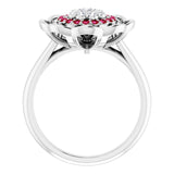 Round Ruby Halo Ring with Diamond Accents in Gold and Platinum
