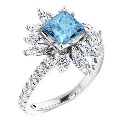 Square Aquamarine & Diamond Halo Ring in Gold and Platinum