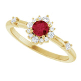Round Lab-Grown Ruby Halo Ring with Diamond Accents in Yellow Gold