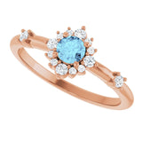Round Aquamarine Halo Ring with Diamond Accents in Rose Gold