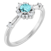 Round Blue Zircon Halo Ring with Diamond Accents in Platinum