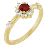 Round Mozambique Garnet & Diamond Halo Ring in Yellow Gold