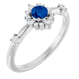 Round Blue Sapphire Halo Ring with Diamond Accents in White Gold