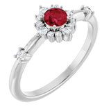Round Ruby Halo Ring with Diamond Accents in White Gold