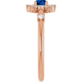 Round Blue Sapphire Halo Ring with Diamond Accents in Rose Gold