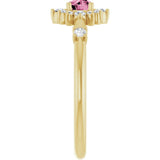 Round Pink Tourmaline & Diamond Halo Ring in Yellow Gold