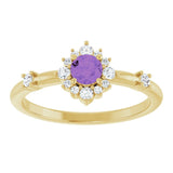 Round Amethyst Halo Ring with Diamond Accents in Yellow Gold