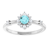 Round Blue Zircon Halo Ring with Diamond Accents in Platinum