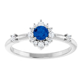 Round Blue Sapphire Halo Ring with Diamond Accents in Platinum