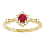 Round Ruby Halo Ring with Diamond Accents in Yellow Gold