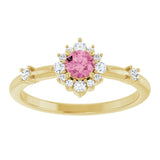 Round Pink Tourmaline & Diamond Halo Ring in Yellow Gold