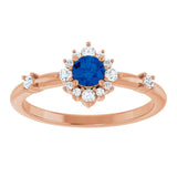 Round Blue Sapphire Halo Ring with Diamond Accents in Rose Gold
