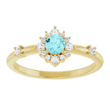 Round Blue Zircon Halo Ring with Diamond Accents in Yellow Gold
