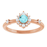 Round Blue Zircon Halo Ring with Diamond Accents in Rose Gold