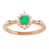 Round Emerald Halo Ring with Diamond Accents in Rose Gold
