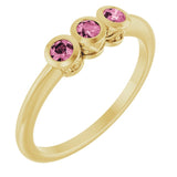 Round Pink Tourmaline Three Stone Ring in Yellow Gold