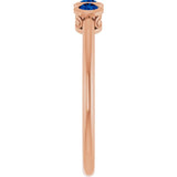 Round Blue Sapphire Three Stone Ring in Rose Gold