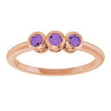 Round Amethyst Three Stone Ring in Rose Gold