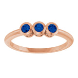Round Blue Sapphire Three Stone Ring in Rose Gold