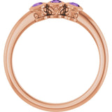 Round Amethyst Three Stone Ring in Rose Gold