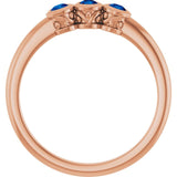 Round Blue Sapphire Three Stone Ring in Rose Gold